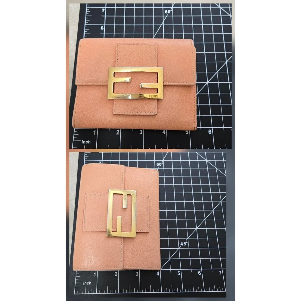 Fendi Peach Leather FF Logo Buckle Trifold Wallet Gold Hardware Compact
